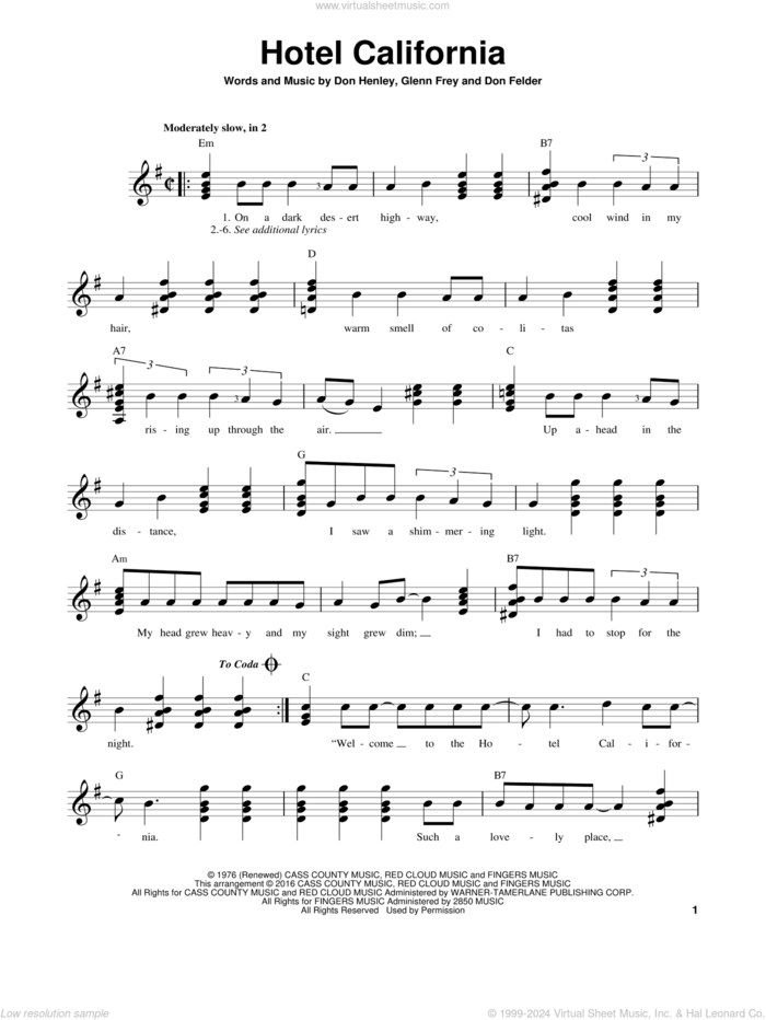 Hotel California sheet music for guitar solo (chords) by Don Henley, The Eagles, Don Felder and Glenn Frey, easy guitar (chords)