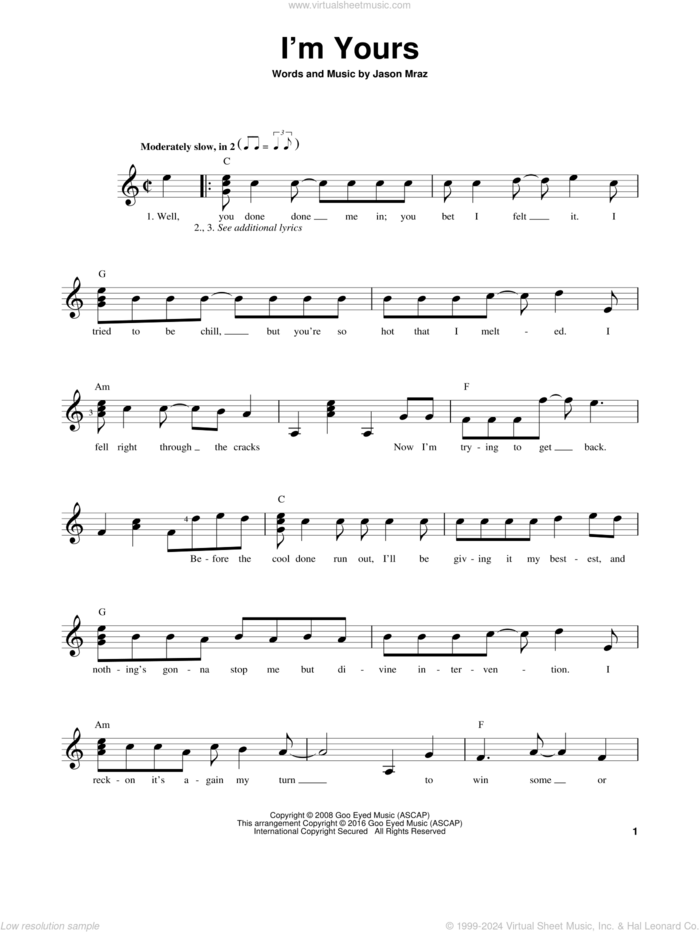 I'm Yours sheet music for guitar solo (chords) by Jason Mraz, wedding score, easy guitar (chords)