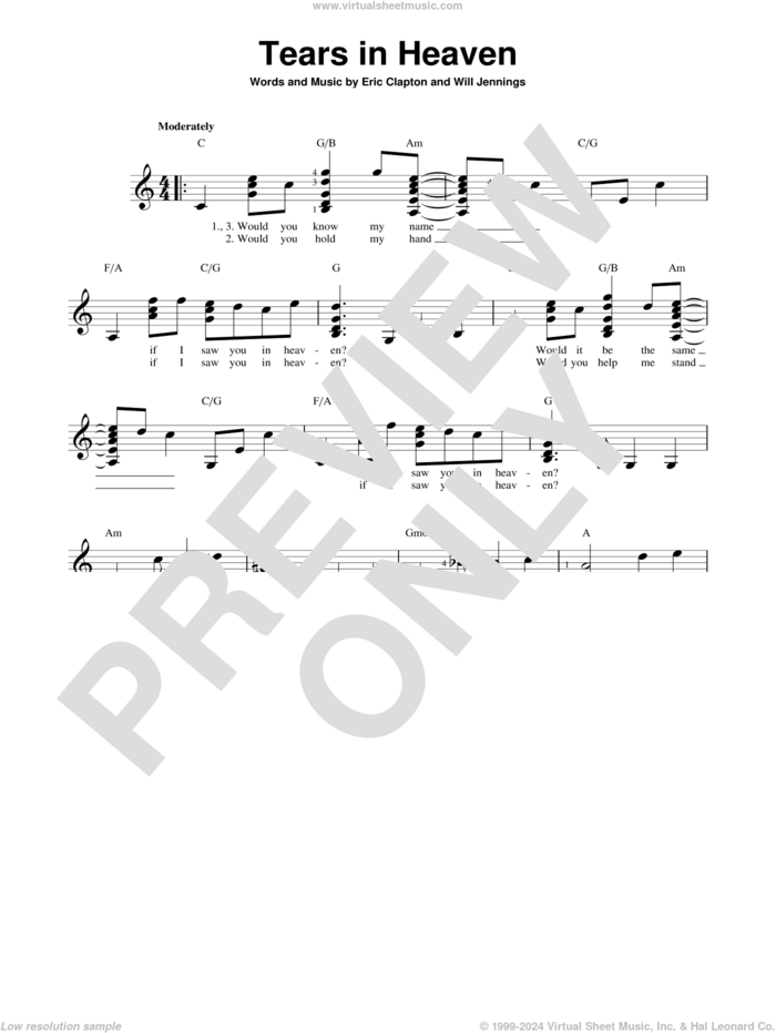 Tears In Heaven sheet music for guitar solo (chords) by Eric Clapton and Will Jennings, easy guitar (chords)