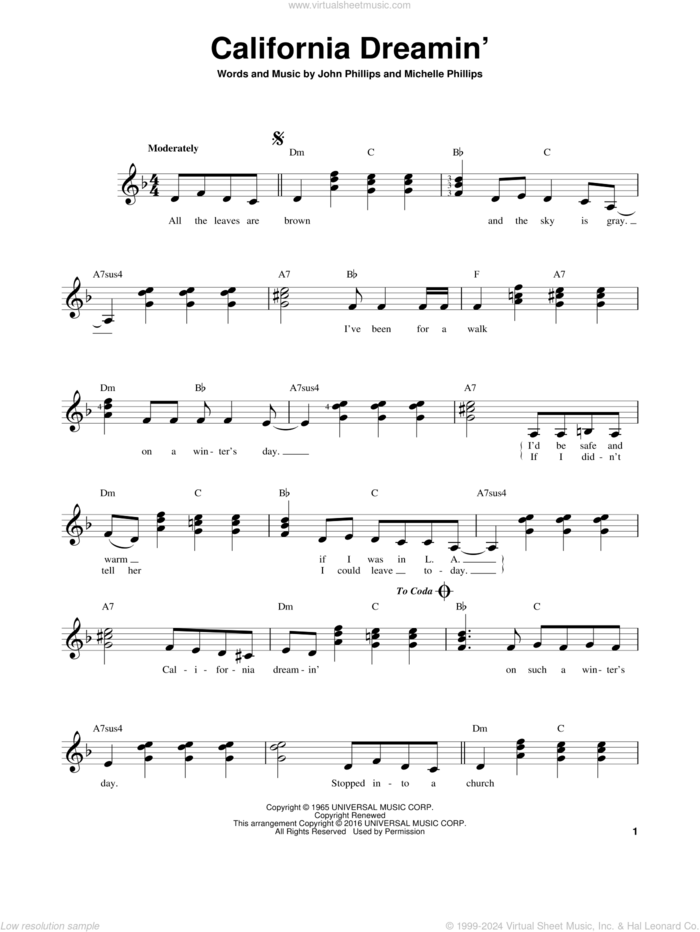 California Dreamin' sheet music for guitar solo (chords) by The Mamas & The Papas, John Phillips and Michelle Phillips, easy guitar (chords)