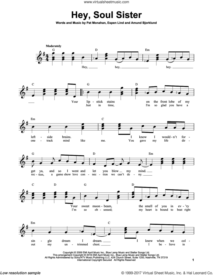 Hey, Soul Sister sheet music for guitar solo (chords) by Train, Amund Bjorklund, Espen Lind and Pat Monahan, easy guitar (chords)