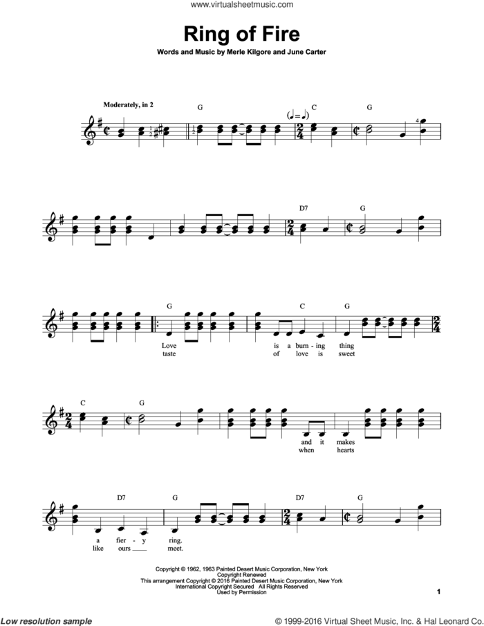 Ring Of Fire sheet music for guitar solo (chords) by Johnny Cash and June Carter, easy guitar (chords)