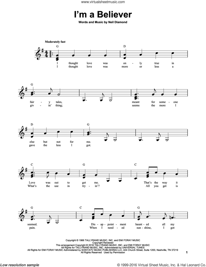 I'm A Believer sheet music for guitar solo (chords) by The Monkees, Smash Mouth and Neil Diamond, easy guitar (chords)