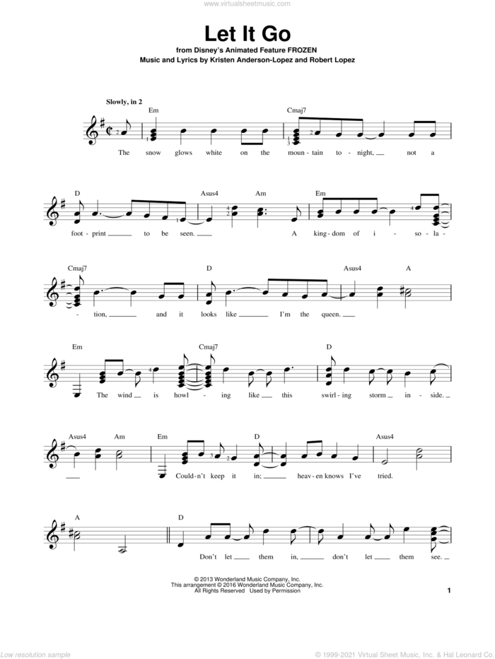 Let It Go (from Frozen) sheet music for guitar solo (chords) by Idina Menzel, Kristen Anderson-Lopez and Robert Lopez, easy guitar (chords)
