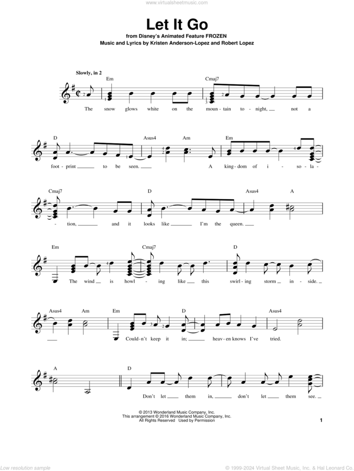 Let It Go (from Frozen) sheet music for guitar solo (chords) by Idina Menzel, Kristen Anderson-Lopez and Robert Lopez, easy guitar (chords)