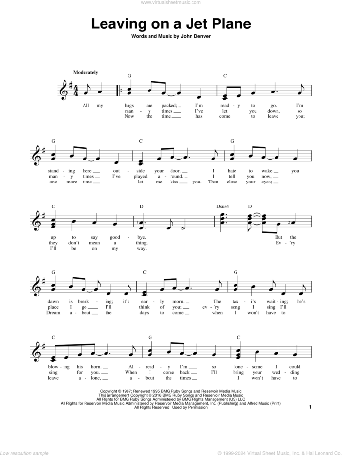 Leaving On A Jet Plane sheet music for guitar solo (chords) by John Denver, easy guitar (chords)