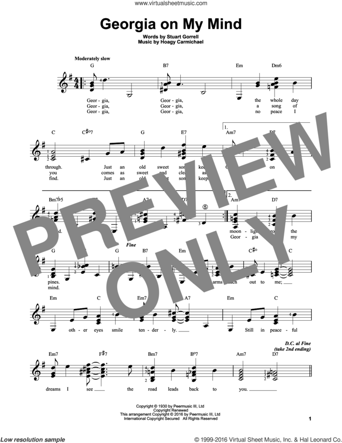 Georgia On My Mind sheet music for guitar solo (chords) by Ray Charles, Willie Nelson, Hoagy Carmichael and Stuart Gorrell, easy guitar (chords)