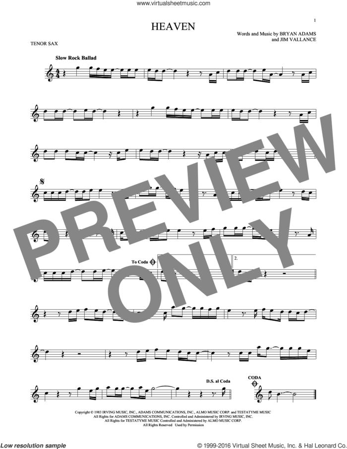 Heaven sheet music for tenor saxophone solo by Bryan Adams and Jim Vallance, intermediate skill level