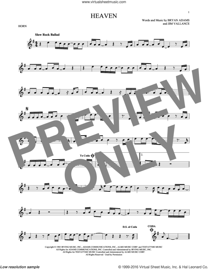 Heaven sheet music for horn solo by Bryan Adams and Jim Vallance, intermediate skill level