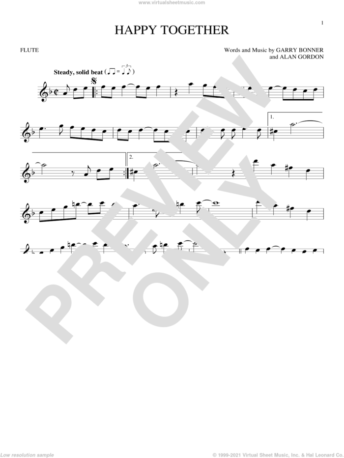 Happy Together sheet music for flute solo by The Turtles, Alan Gordon and Garry Bonner, intermediate skill level