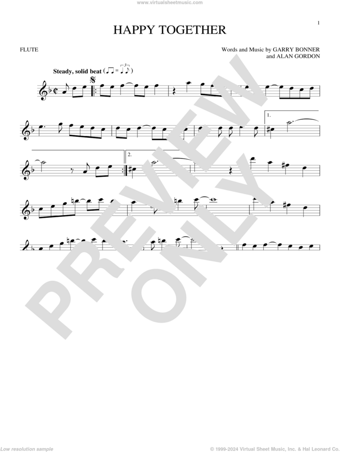 Happy Together sheet music for flute solo by The Turtles, Alan Gordon and Garry Bonner, intermediate skill level