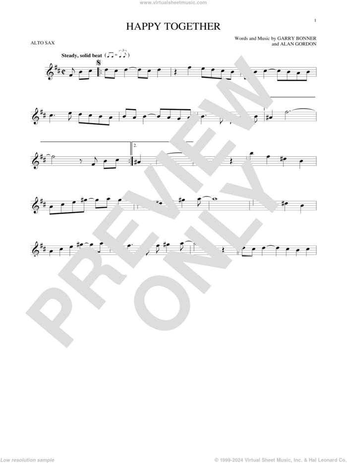 Happy Together sheet music for alto saxophone solo by The Turtles, Alan Gordon and Garry Bonner, intermediate skill level