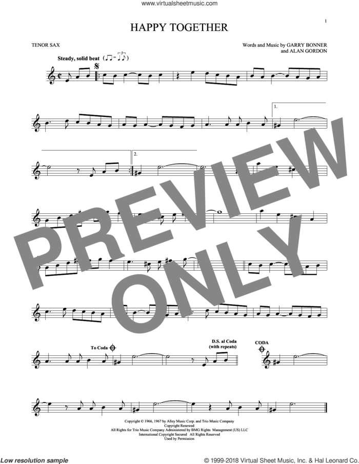 Happy Together sheet music for tenor saxophone solo by The Turtles, Alan Gordon and Garry Bonner, intermediate skill level