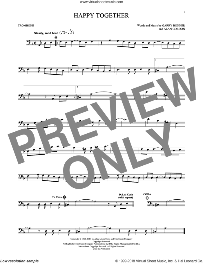 Happy Together sheet music for trombone solo by The Turtles, Alan Gordon and Garry Bonner, intermediate skill level