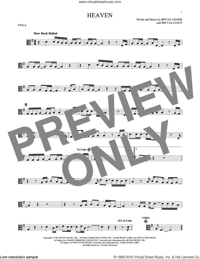 Heaven sheet music for viola solo by Bryan Adams and Jim Vallance, intermediate skill level