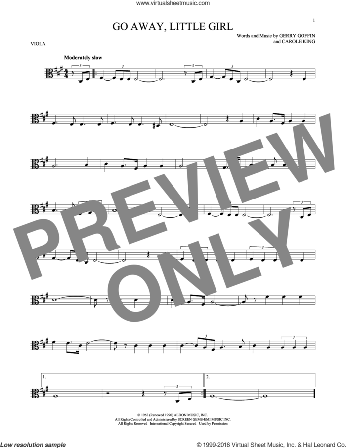 Go Away, Little Girl sheet music for viola solo by Donny Osmond, Steve Lawrence, Carole King and Gerry Goffin, intermediate skill level
