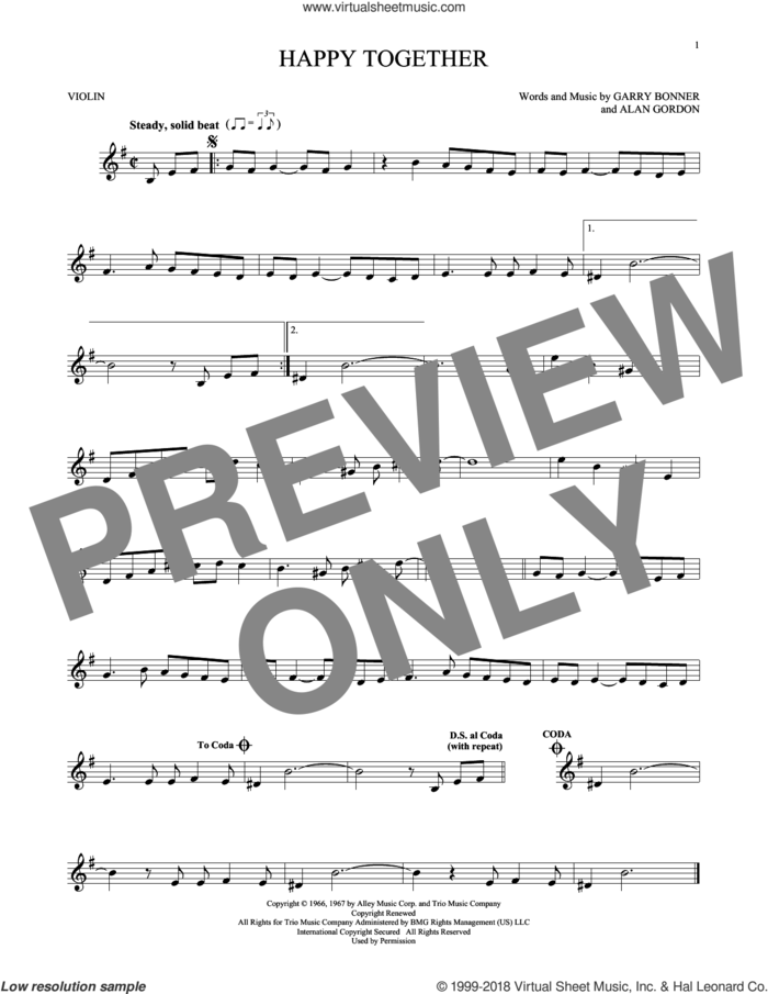 Happy Together sheet music for violin solo by The Turtles, Alan Gordon and Garry Bonner, intermediate skill level