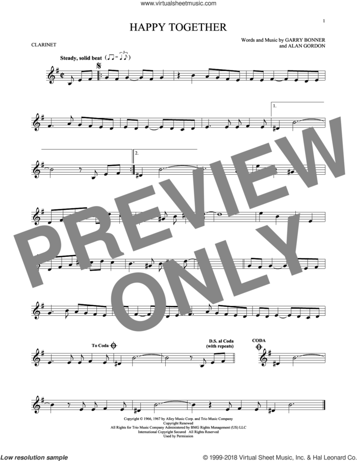Happy Together sheet music for clarinet solo by The Turtles, Alan Gordon and Garry Bonner, intermediate skill level