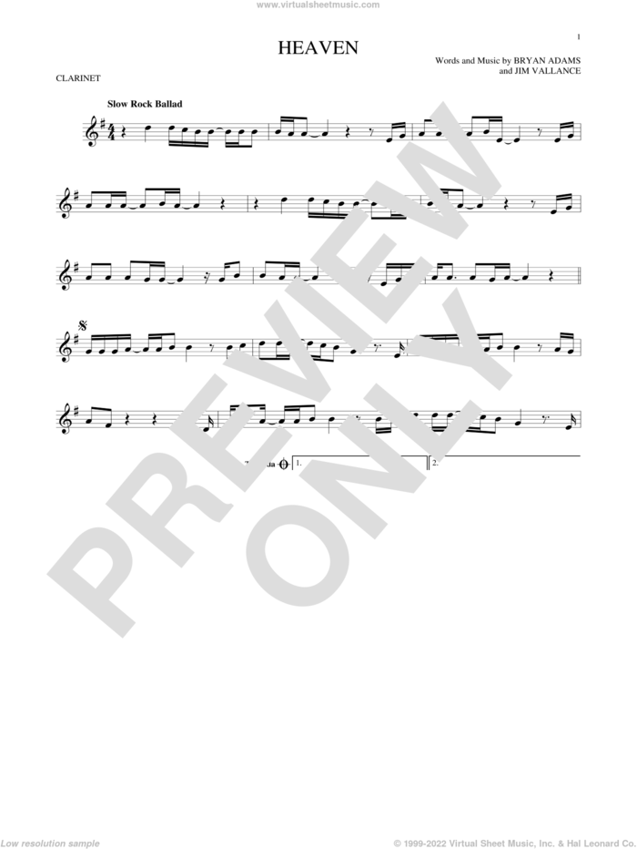 Heaven sheet music for clarinet solo by Bryan Adams and Jim Vallance, intermediate skill level