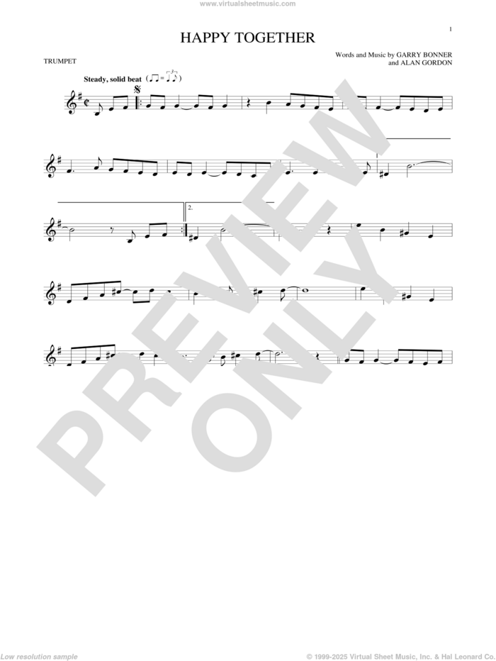 Happy Together sheet music for trumpet solo by The Turtles, Alan Gordon and Garry Bonner, intermediate skill level