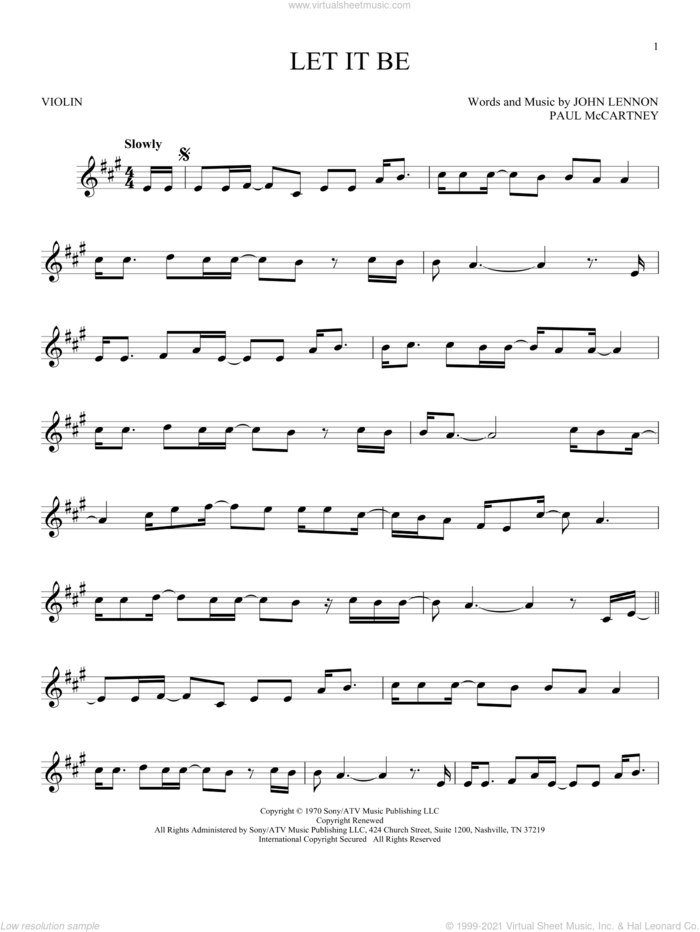 Let It Be sheet music for violin solo by The Beatles, Kris Allen, John Lennon and Paul McCartney, intermediate skill level