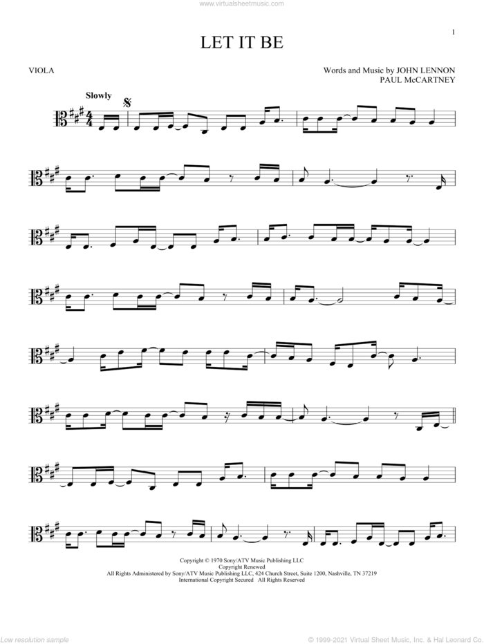 Let It Be sheet music for viola solo by The Beatles, John Lennon and Paul McCartney, intermediate skill level