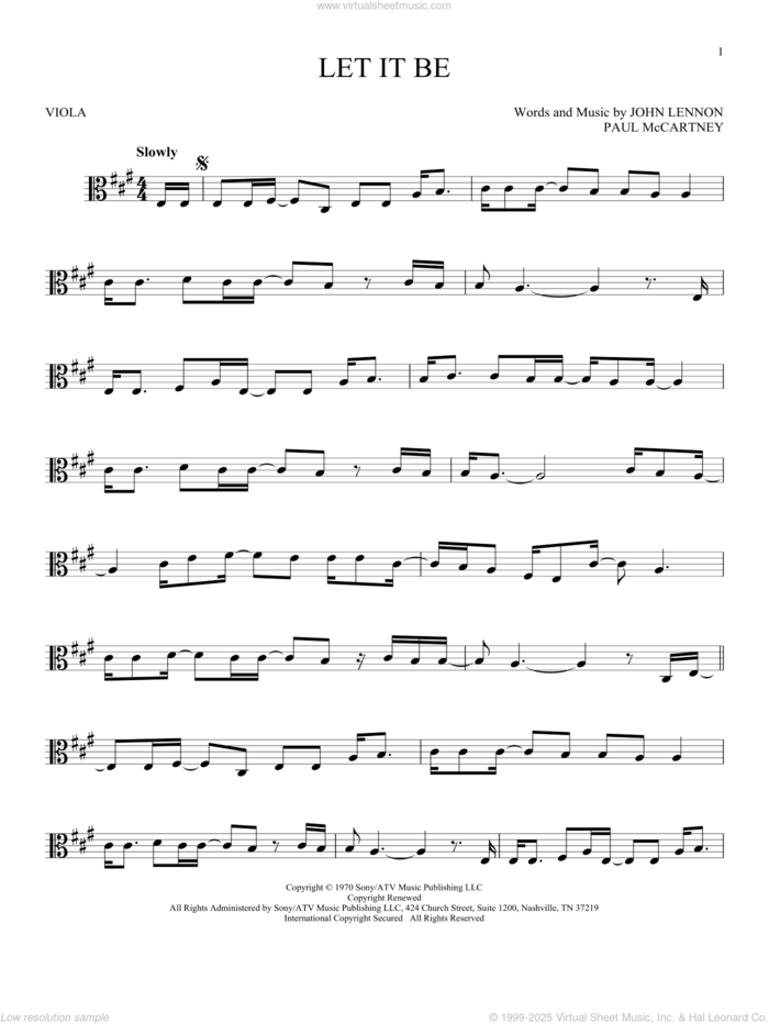 Let It Be sheet music for viola solo by The Beatles, John Lennon and Paul McCartney, intermediate skill level