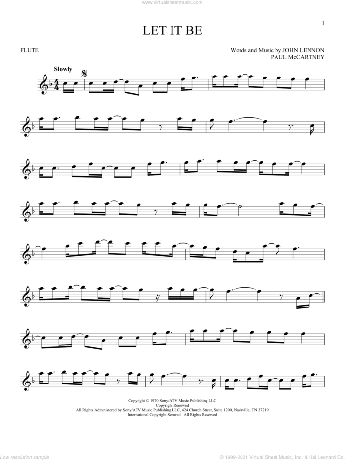 Let It Be sheet music for flute solo by The Beatles, John Lennon and Paul McCartney, intermediate skill level