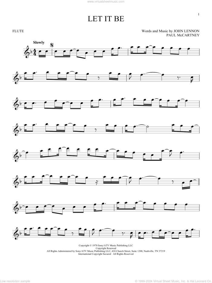 Let It Be sheet music for flute solo by The Beatles, John Lennon and Paul McCartney, intermediate skill level