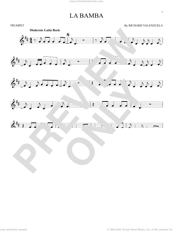 La Bamba sheet music for trumpet solo by Ritchie Valens and Los Lobos, intermediate skill level