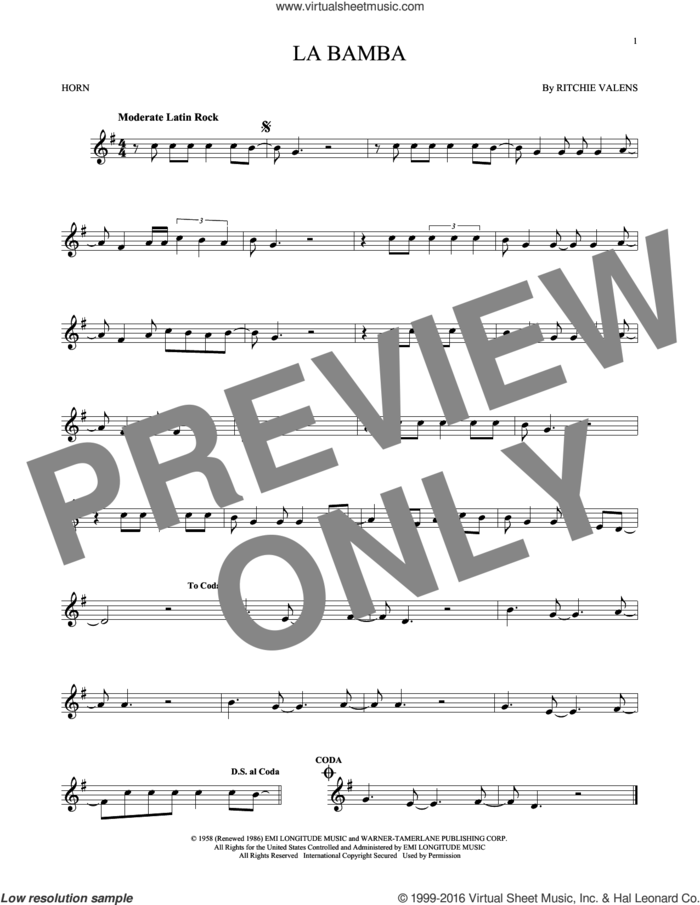 La Bamba sheet music for horn solo by Ritchie Valens and Los Lobos, intermediate skill level