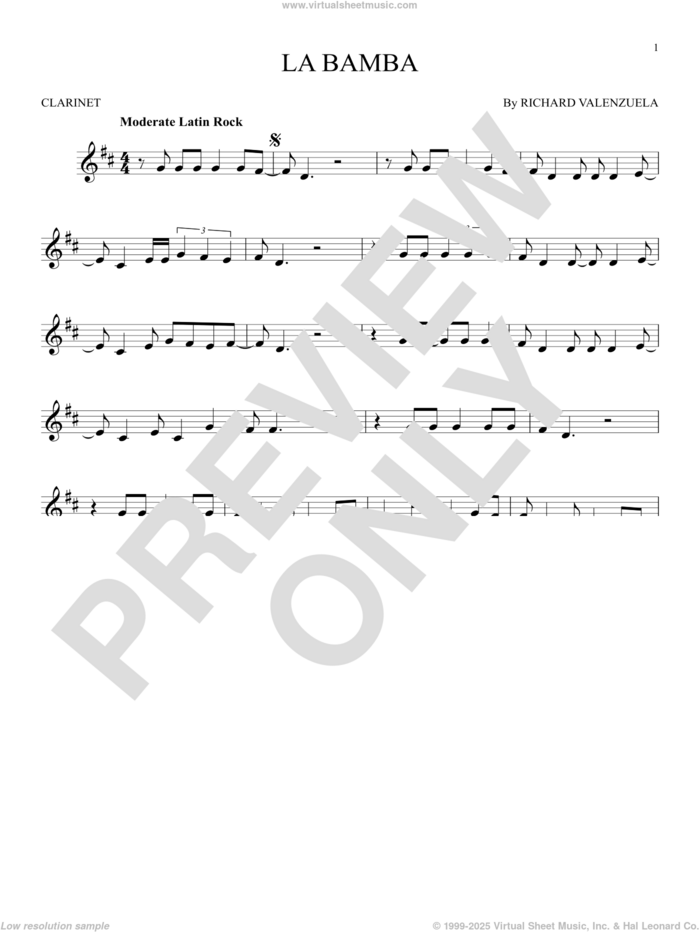 La Bamba sheet music for clarinet solo by Ritchie Valens and Los Lobos, intermediate skill level