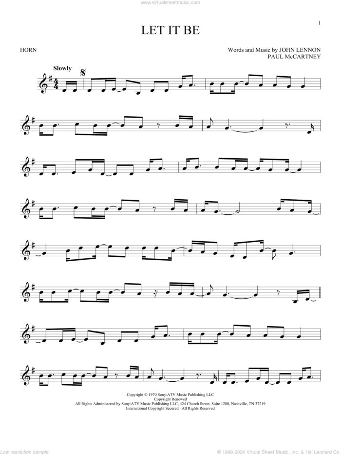 Let It Be sheet music for horn solo by The Beatles and John Lennon, intermediate skill level