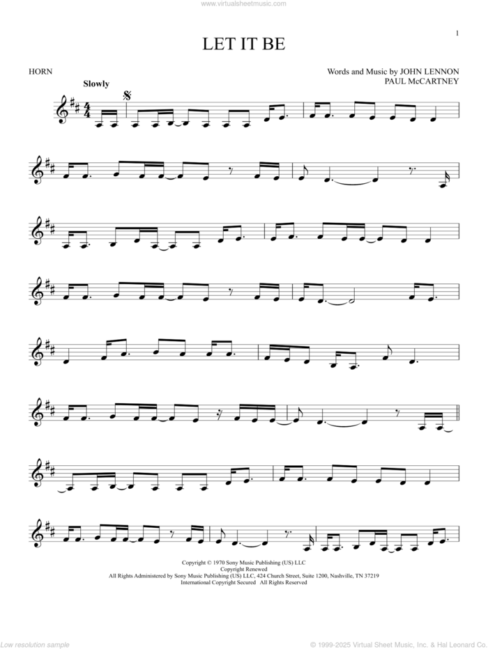 Let It Be sheet music for horn solo by The Beatles and John Lennon, intermediate skill level