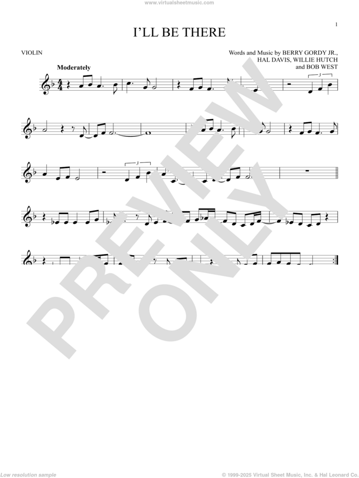 I'll Be There sheet music for violin solo by The Jackson 5, Berry Gordy Jr., Bob West, Hal Davis and Willie Hutch, intermediate skill level