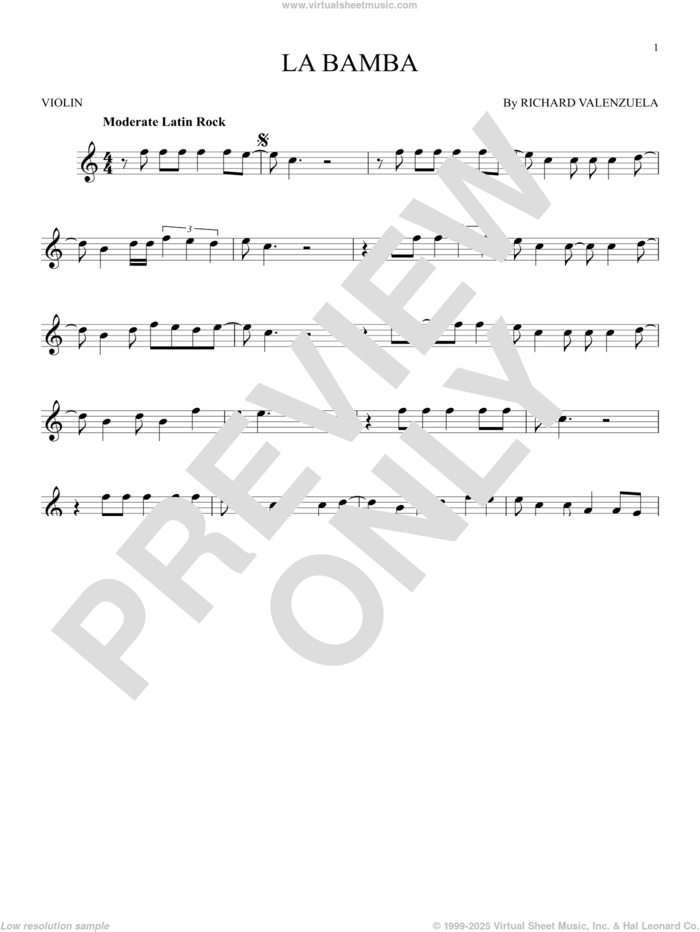 La Bamba sheet music for violin solo by Ritchie Valens and Los Lobos, intermediate skill level