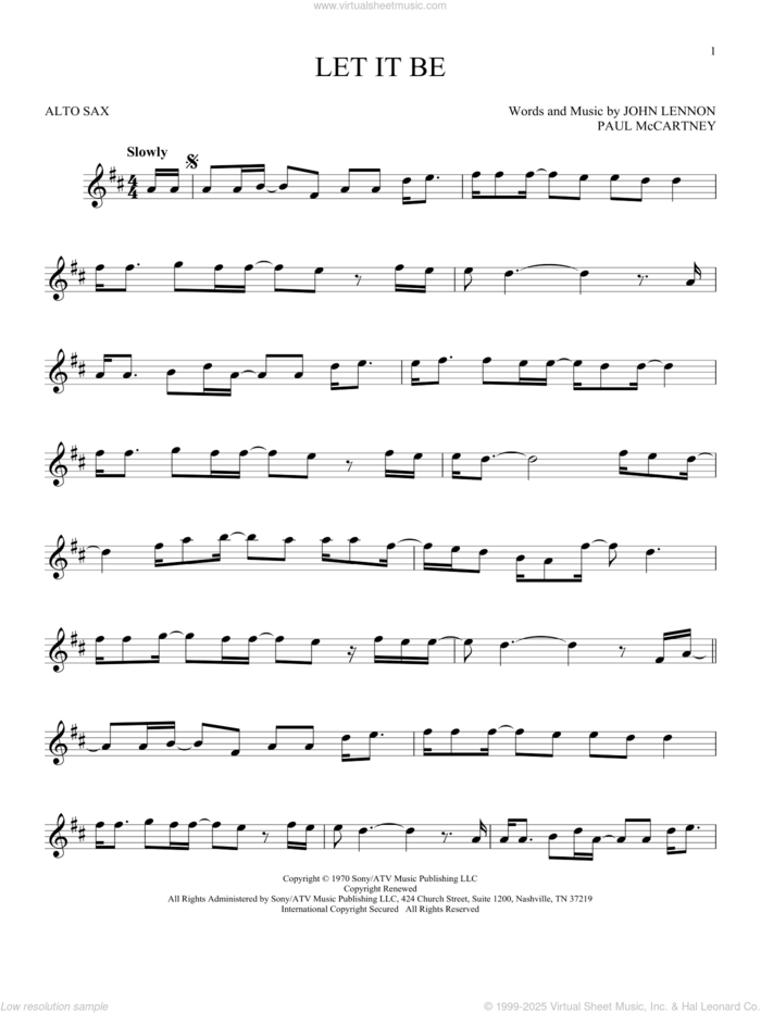 Let It Be sheet music for alto saxophone solo by The Beatles and John Lennon, intermediate skill level