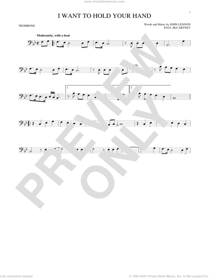 I Want To Hold Your Hand sheet music for trombone solo by The Beatles, John Lennon and Paul McCartney, intermediate skill level