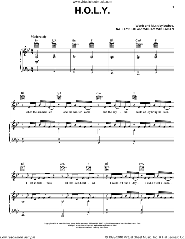 H.O.L.Y. sheet music for voice, piano or guitar by Florida Georgia Line, busbee, Nate Cyphert and William Wilk Larsen, intermediate skill level