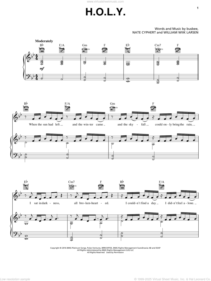 H.O.L.Y. sheet music for voice, piano or guitar by Florida Georgia Line, busbee, Nate Cyphert and William Wilk Larsen, intermediate skill level