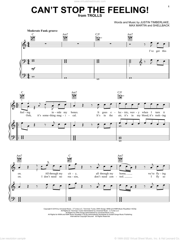 Can't Stop The Feeling sheet music for voice, piano or guitar by Justin Timberlake, Johan Schuster, Max Martin and Shellback, intermediate skill level