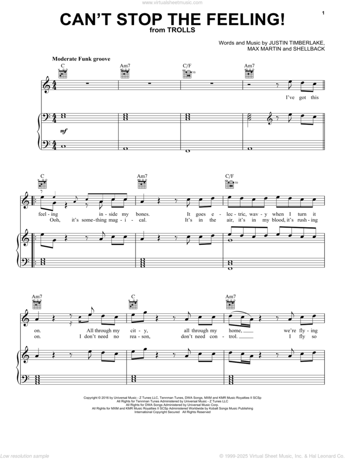 Can't Stop The Feeling sheet music for voice, piano or guitar by Justin Timberlake, Johan Schuster, Max Martin and Shellback, intermediate skill level