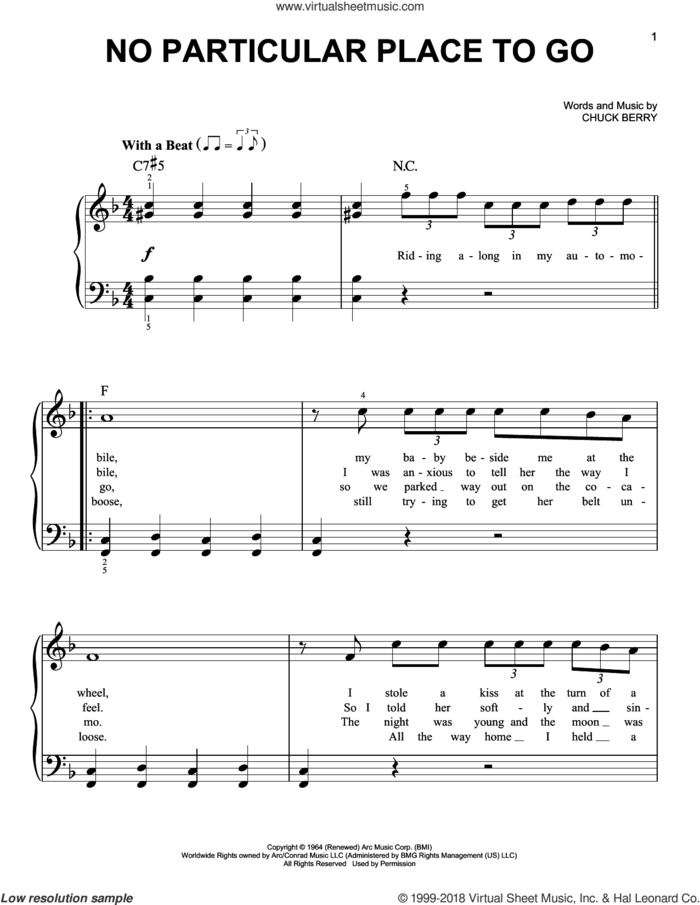 No Particular Place To Go sheet music for piano solo by Chuck Berry, beginner skill level