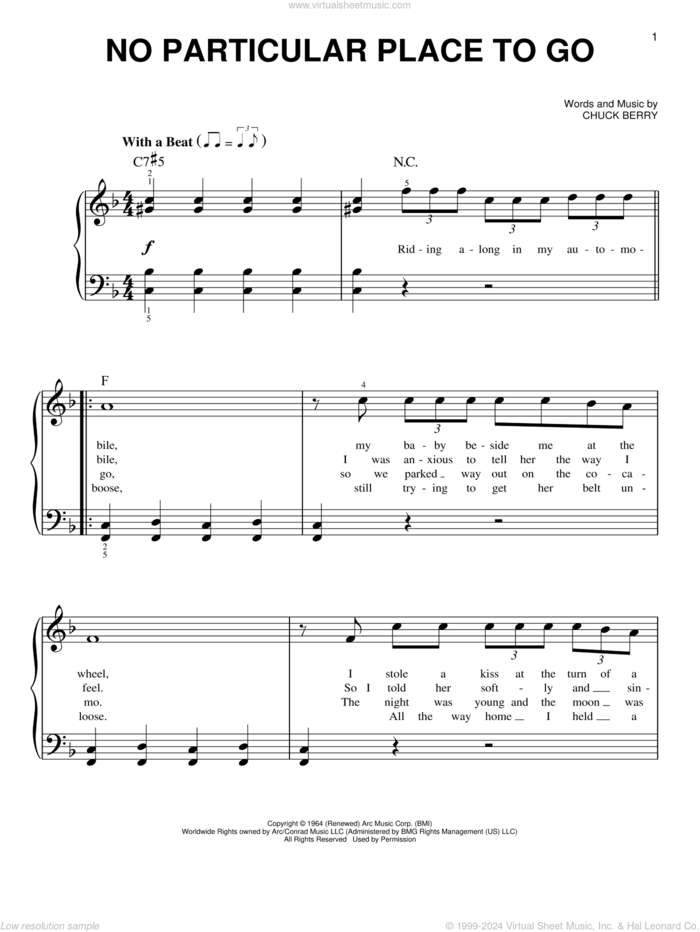 No Particular Place To Go sheet music for piano solo by Chuck Berry, beginner skill level