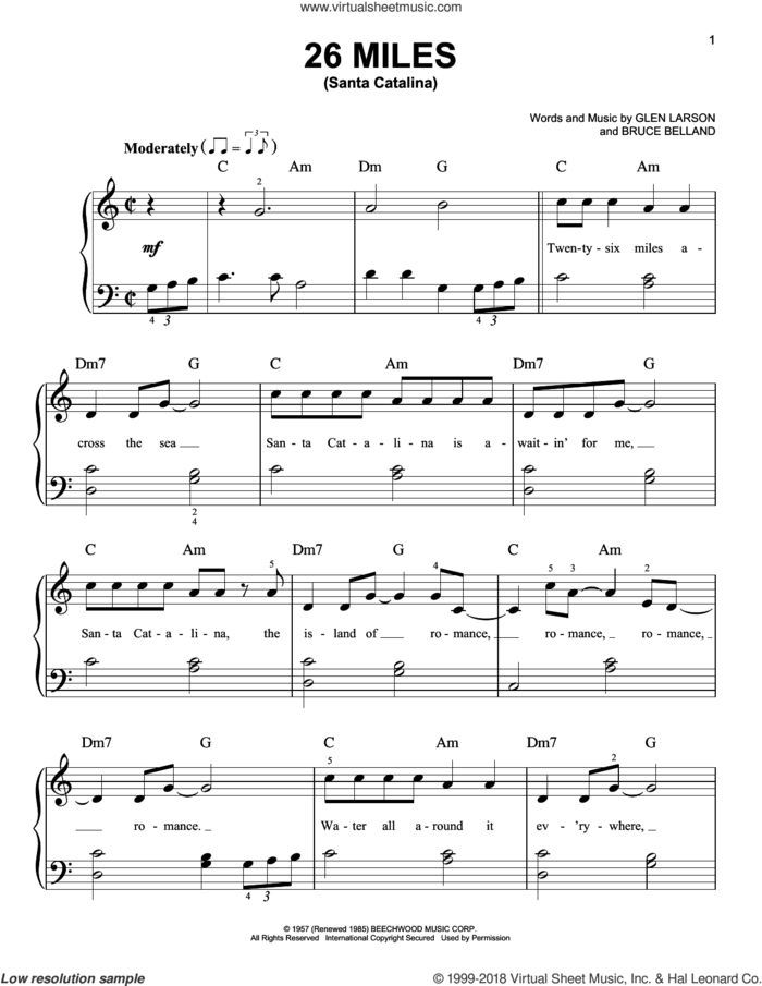 26 Miles (Santa Catalina) sheet music for piano solo by Four Preps, Bruce Belland and Glen Larson, beginner skill level