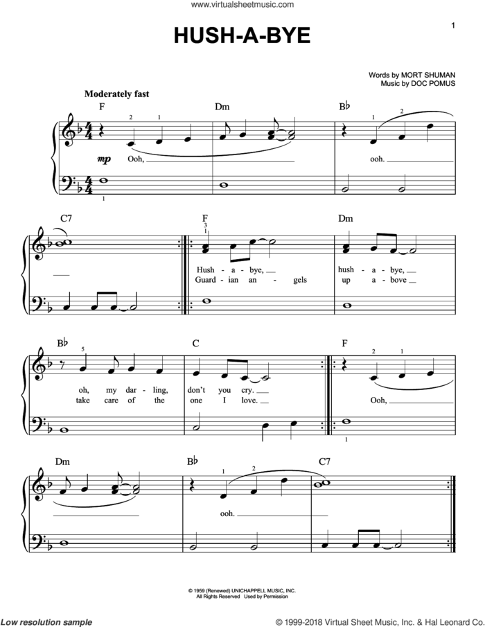 Hush-A-Bye sheet music for piano solo by Mystics, Doc Pomus and Mort Shuman, beginner skill level