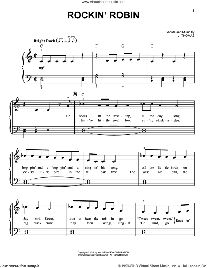 Rockin' Robin sheet music for piano solo by Michael Jackson, Bobby Day and Thomas Jimmie, beginner skill level