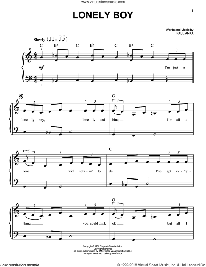 Lonely Boy sheet music for piano solo by Paul Anka, beginner skill level