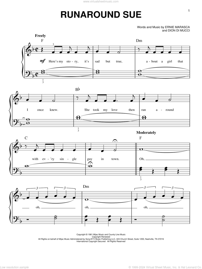 Runaround Sue sheet music for piano solo by Dion, Dion Di Mucci and Ernie Maresca, beginner skill level