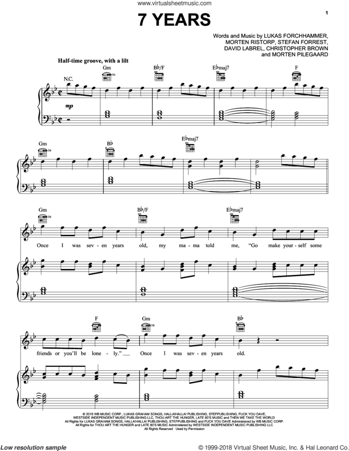 7 Years sheet music for voice, piano or guitar plus backing track by Lukas Graham, Chris Brown, David Labrel, Lukas Forchhammer, Morten Pilegaard, Morten Ristorp and Stefan Forrest, intermediate skill level